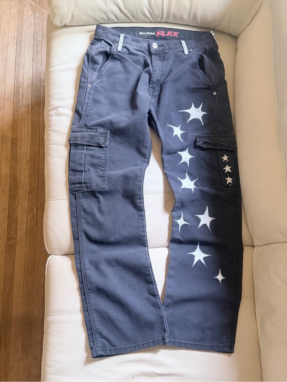 Custom painted Dickies Navy Cargo Pants with White Star Stencil